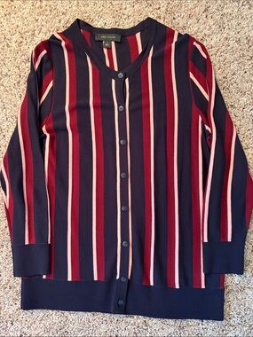 Ann Taylor Navy, Burgundy & Pink Striped Cardigan